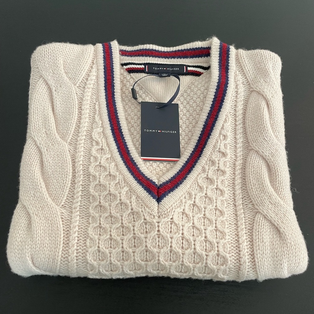 Tommy Hilfiger Cream Cable Knit Sweater for Men